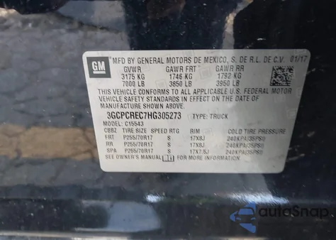 2017 Chevrolet Silverado 1500 1Lt из США, поврежденный, VIN 3GCPCREC7HG305273